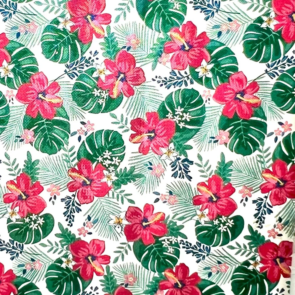 Tropical Fiesta Hibiscus Flowers & Leaves Peva Shower Curtain Pink Green